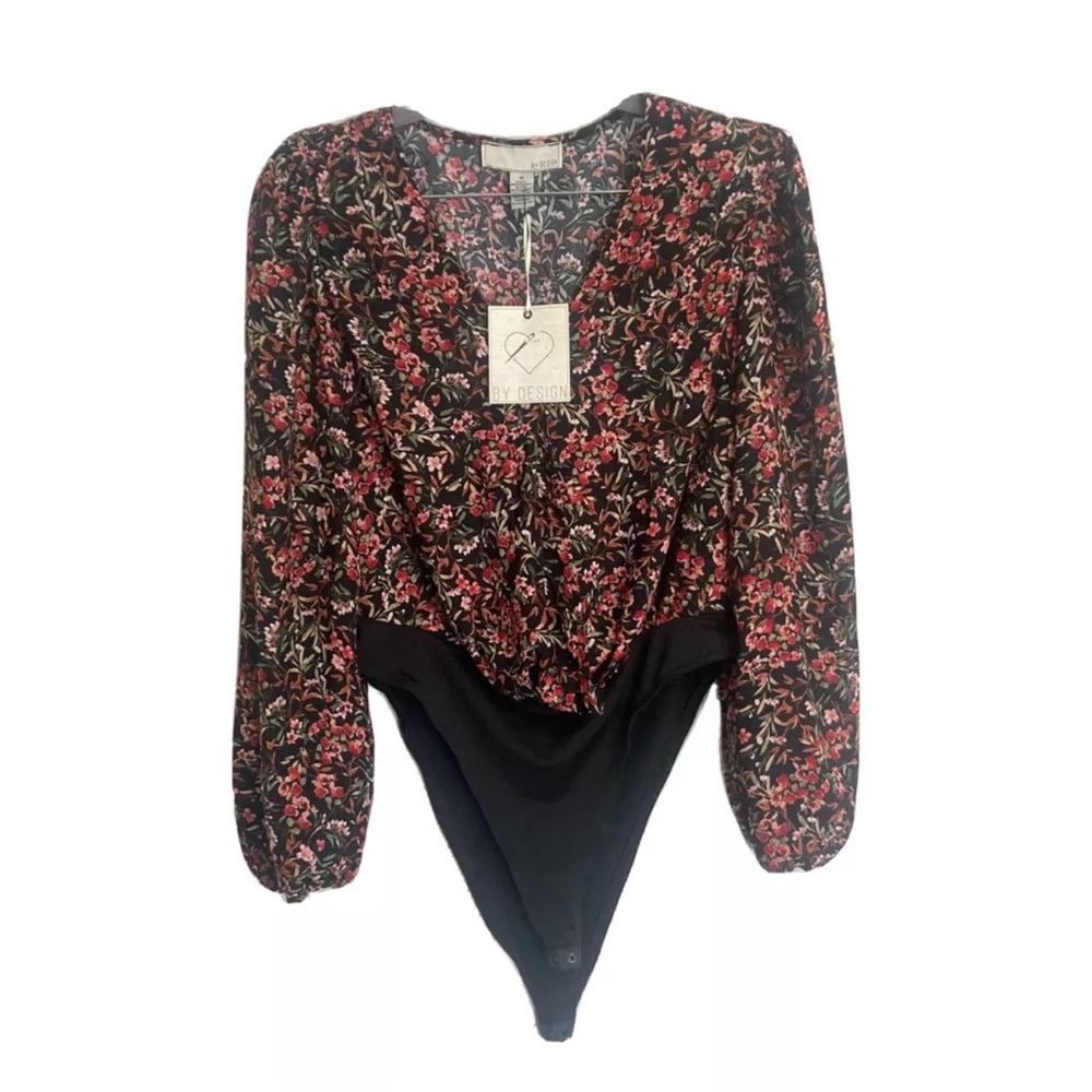 By Design Bodysuit Black Floral Long Sleeve Size M